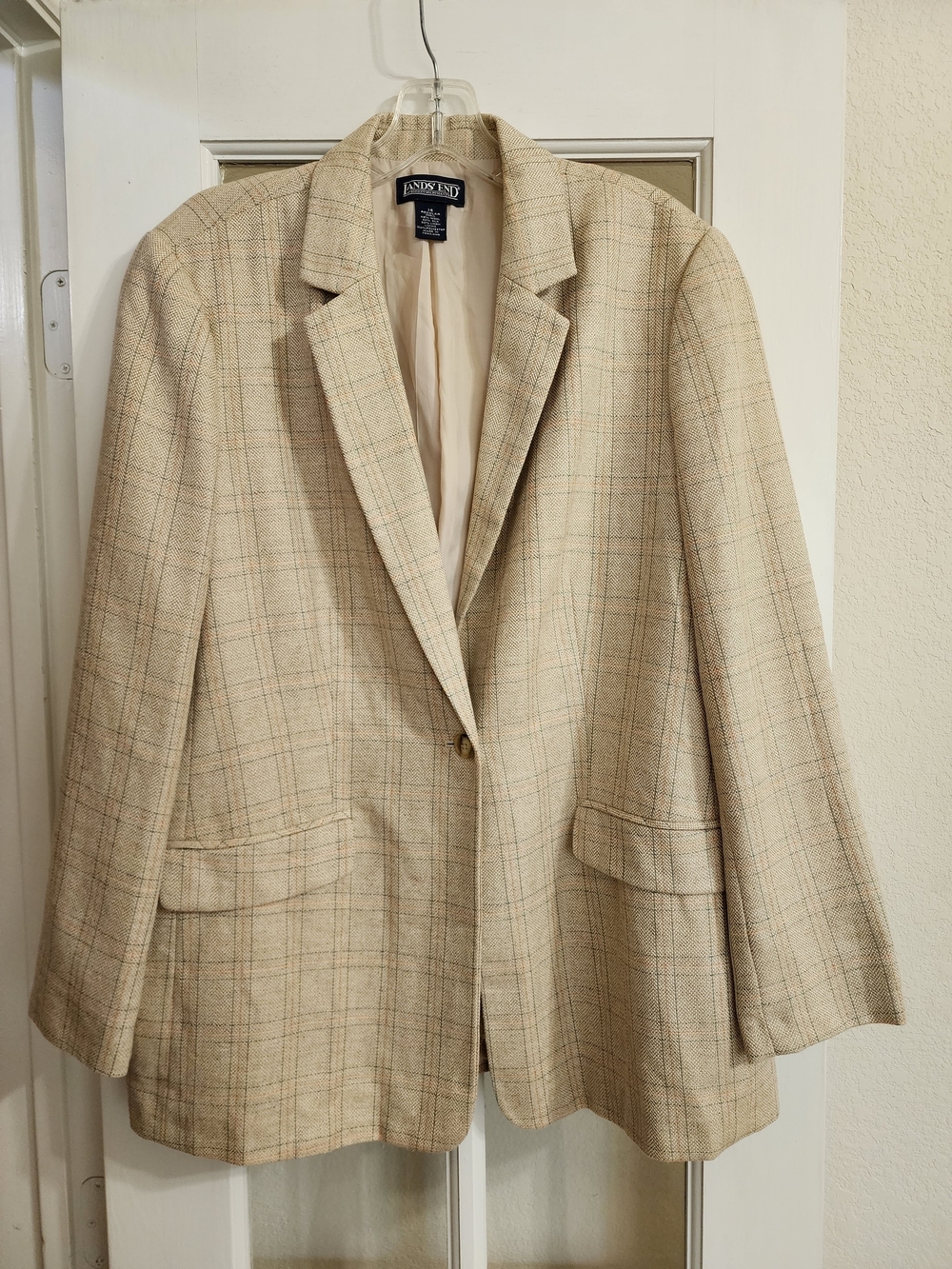 Lands' End Wool Silk Linen Plaid Blazer Jacket 14 Beige Windowpane